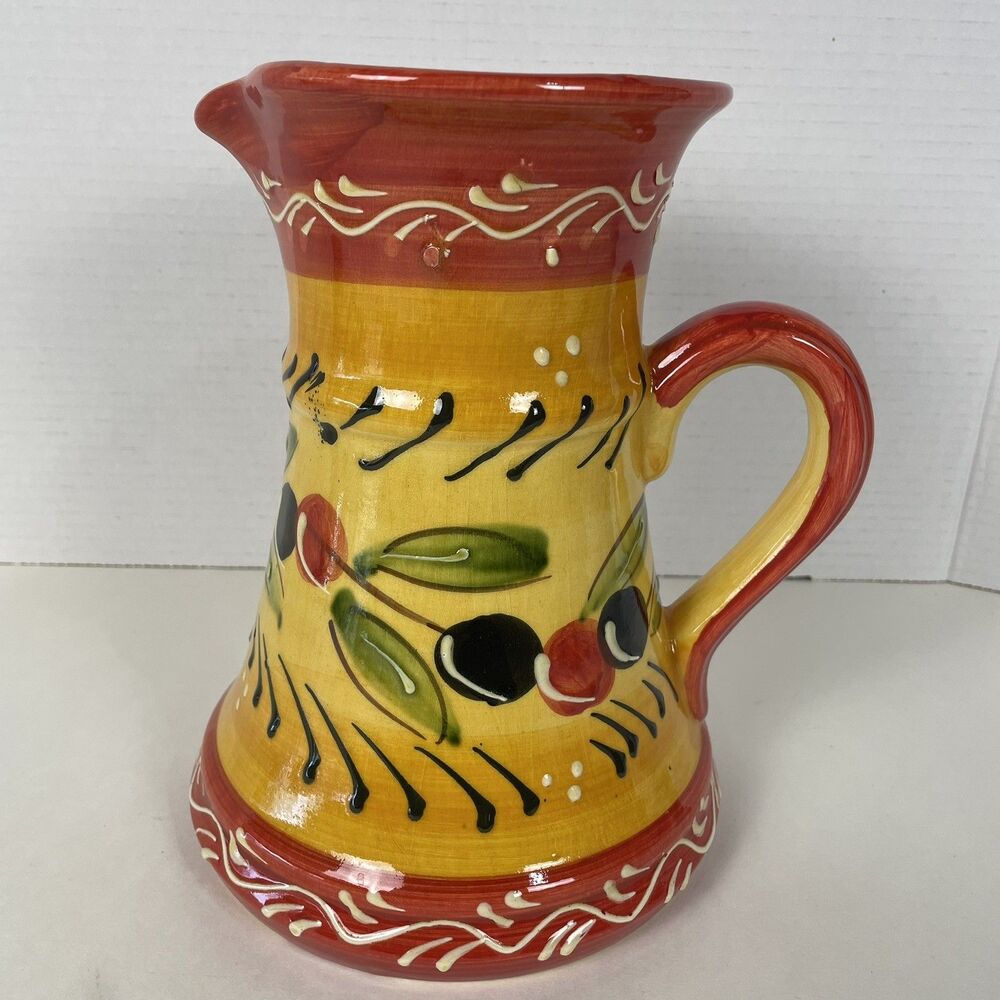 Pier 1 Imports Olive Spain Handpainted Pitcher Red Yellow 9" Kitchen Tuscan Deco